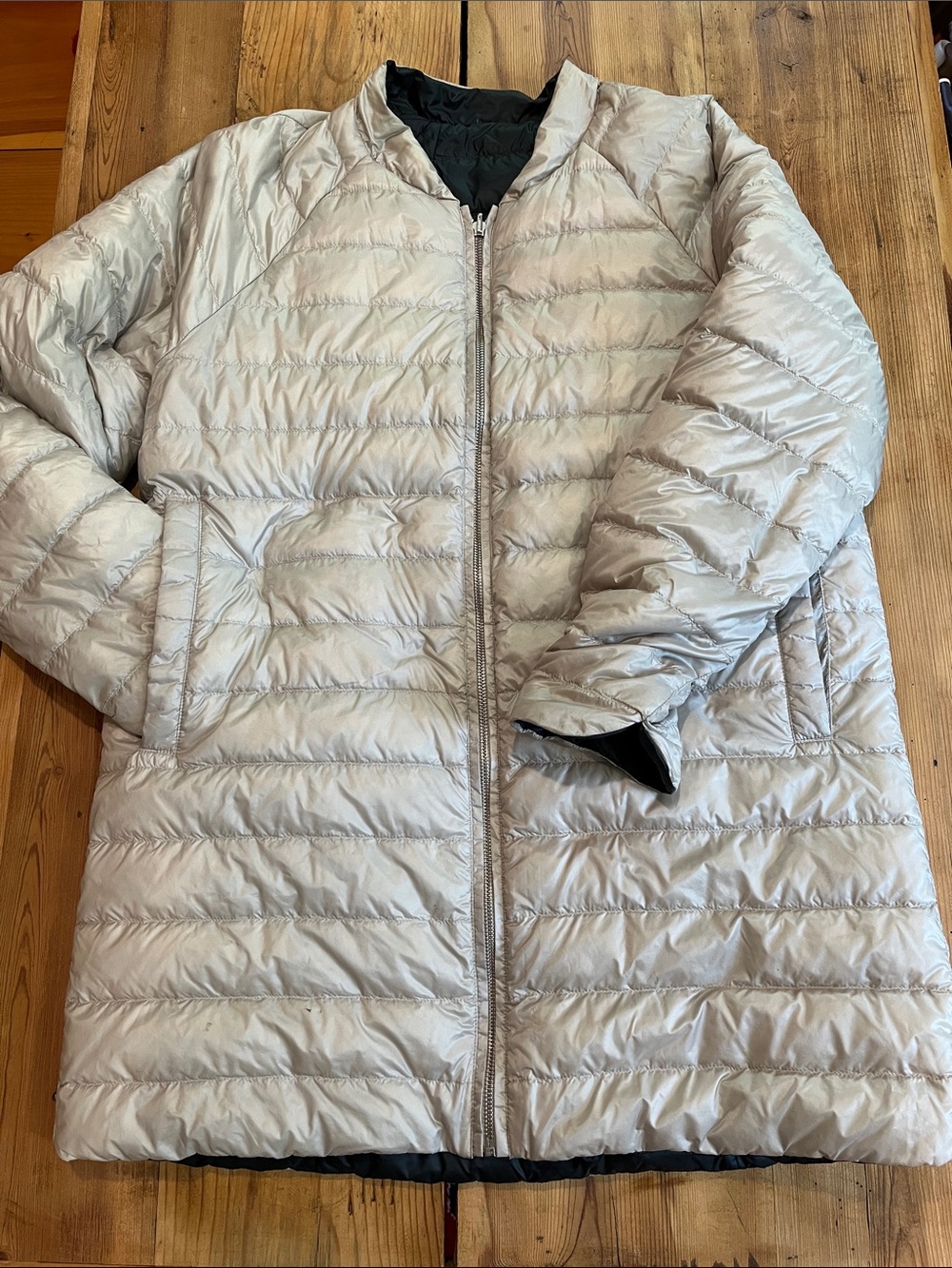 ATHLETA M ReversaWarm Down Feather Coat Parka Reversible Grey/Birch Grey
